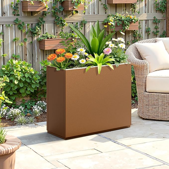 FENCY Metal Planter Box, Large Rectangular Planters for Outdoor Plants, Outdoor Tall Planters with Drainage Holes, Brown Metal Planters (30" L x 12" W x 24" H)-Ruum Studio Home