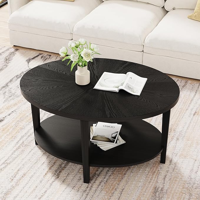Solid Wood Oval Coffee Table for Living Room, 2 Tier Oval Rustic Coffee Table with Storage Shelf, Double Layer Center Table for Living Room, Easy Assembly-Ruum Studio Home
