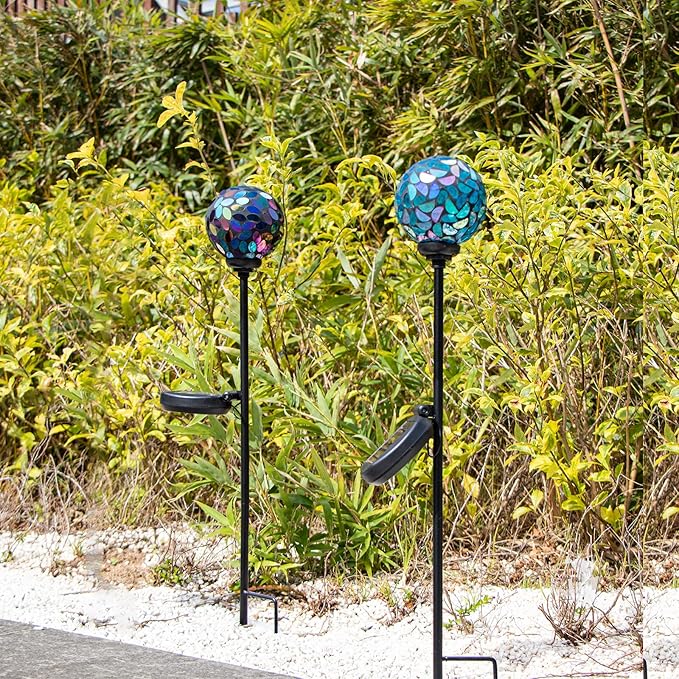 VCUTEKA Solar Garden Decorative Lights Outdoor, Mosaic Solar Light Waterproof LED Pathway Stake Light for Landscape Patio Yard Deck Walkway Decoration, 2 Pack （Blue&Purple）-Ruum Studio Home