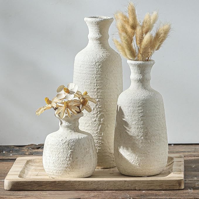 Ceramic Vase Set of 3, Neutral Rustic Vases Home Decor Farmhouse Decorative Vase Whitewashed Pottery Decor Boho Modern for Table Mantel Entryway Bookshelf Living Room Kitchen Bathroom Bedroom - White-Ruum Studio Home