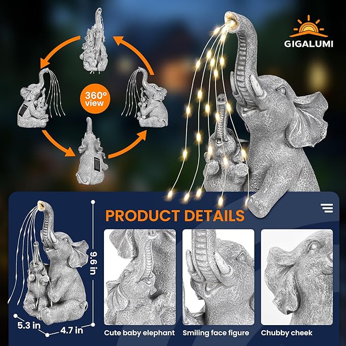 GIGALUMI Solar Garden Outdoor Statues for Women, Mom, Grandma. Elephant Figurine Housewarming and Birthday Gifts Outdoor Statue Light Decor Ornament for Backyard, Patio, Balcony, Lawn, Pond-Ruum Studio Home