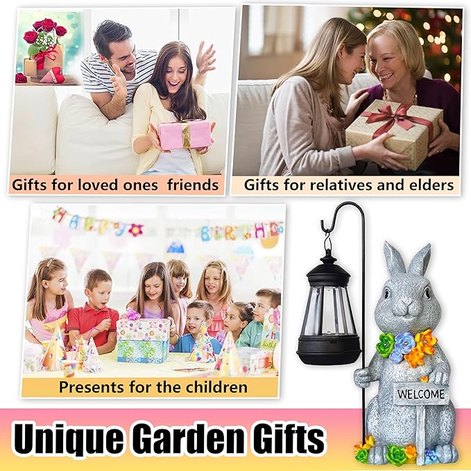 Rabbit Solar Lights Lantern Garden Statues with Succulent and 4 LED Lights - Outdoor Bunny Welcome Figurines Decorations for Patio Yard Lawn Ornaments Gifts for Birthday Easter Housewarming-Ruum Studio Home