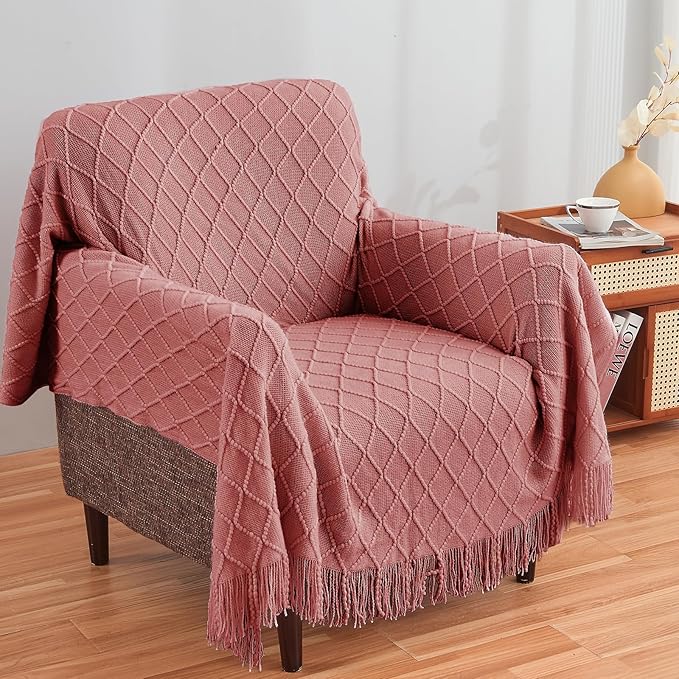InHand Knitted Throw Blanket for Couch and Bed, Soft Cozy Knit Blanket with Tassel, Coral Pink Lightweight Decorative Throw, Farmhouse Warm Woven Throw for Men and Women, 50"x60"-Ruum Studio Home