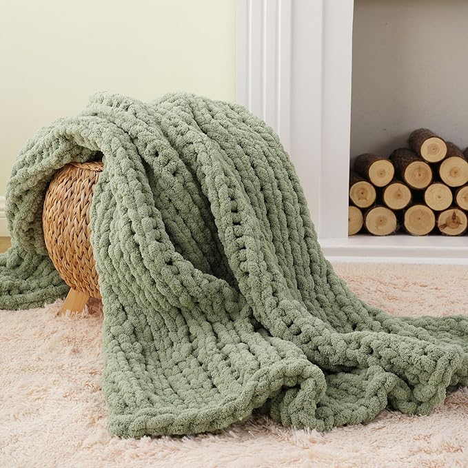 Battilo Chunky Knit Throw Blanket, Soft and Thick Chenille Throw Blanket, 50"x60" Handmade Cable Knit Crochet Blanket, Large Rope Knot Throw Blankets for Couch Sofa Bed Home Decor, Light Green-Ruum Studio Home