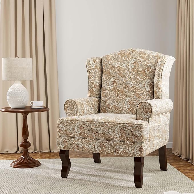 Accent Chair, High Back Upholstered Armchair with High Resilience Sponge & Wood Legs, Mid-Century Modern Comfy Single Sofa Reading Chairs for Living Room, Bedroom (Floral Sand, Set of 1)-Ruum Studio Home