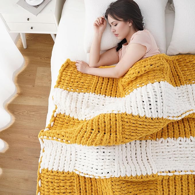 Battilo Chunky Knit Throw Blanket, Soft and Thick Chenille Throw Blanket, 50"x60" Handmade Cable Knit Crochet Blanket, Large Rope Knot Throw Blankets for Couch Sofa Bed Home Decor, Yellow & White-Ruum Studio Home