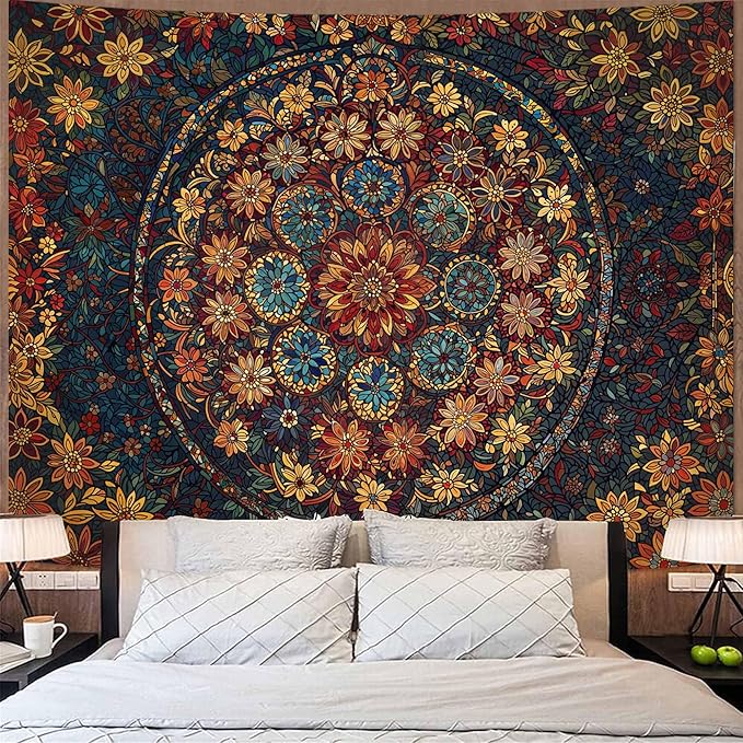 Fowocu Boho Floral Mandala Tapestry Wall Hanging Vintage Bohemian Flower Medallion Tapestry Aesthetic Orange Stained Glass Hippie Extra Large Tapestries for Bedroom Living Room Dorm Decor 90 x 68 Inch-Ruum Studio Home
