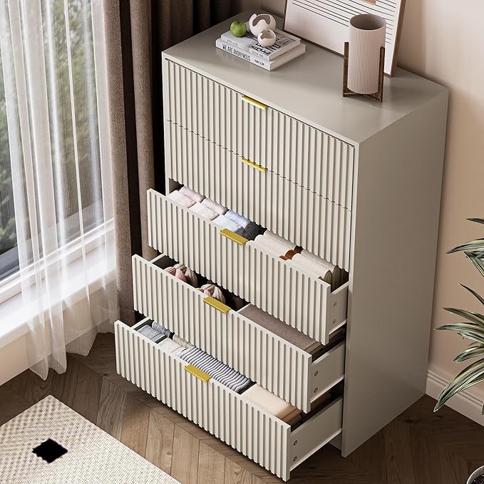 5 Drawer Dresser for Bedroom, Tall Dresser Chest of Drawers with Gold Handles, 32 Inch Wide Nightstand with for Bedroom, Living Rooms, Offices, and Entryways, Beige-Ruum Studio Home