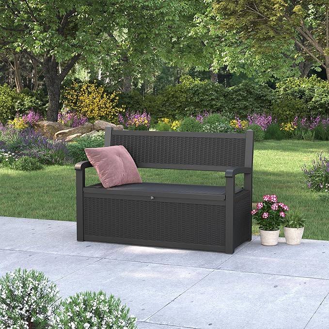 70 Gallon Outdoor Storage Box, Resin Patio Furniture with Armrest, Lockable Deck Box with Waterproof and UV Resistant for Patio Cushions, Garden Tools and Pool Supplies, Black-Ruum Studio Home