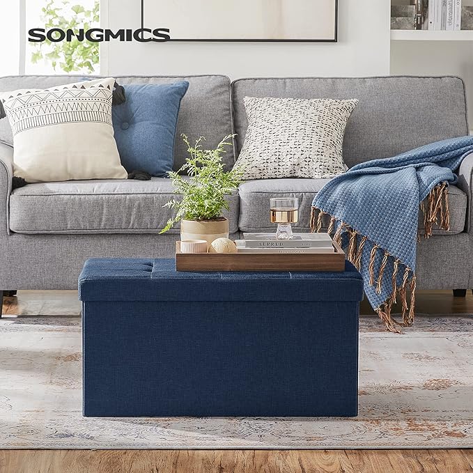 SONGMICS MAZIE Collection - 30 Inches Folding Storage Ottoman Bench, Ottoman Foot Rest, End of Bed Bench, Storage Chest, Load 660 lb, for Living Room, Bedroom, Entryway, Midnight Blue ULSF47IN-Ruum Studio Home