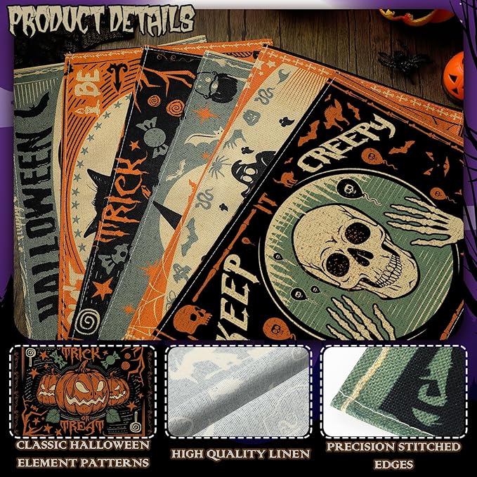 Umigy 6 Pcs Halloween Placemats 12"x18" Gothic Bat Placemats Kitchen Decoration Washable Witch Place Mats Rectangle Skull Table Mats for Halloween Dining Table Accessories(Scary)-Ruum Studio Home