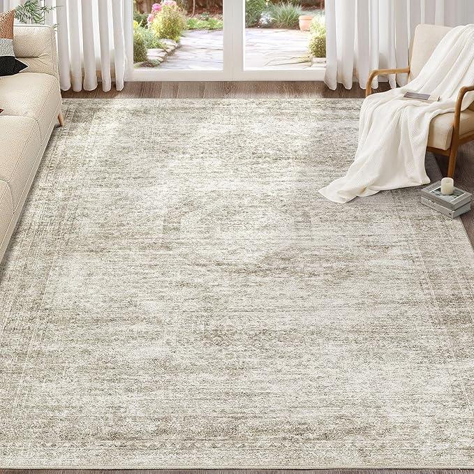 Washable Area Rugs for Living Room -7x9 Neutral Vintage Distressed Floral Farmhouse Boho Large Soft Floor Rug Indoor Non Slip Carpet for Living Room Bedroom Dining Room Office-Beige-Ruum Studio Home