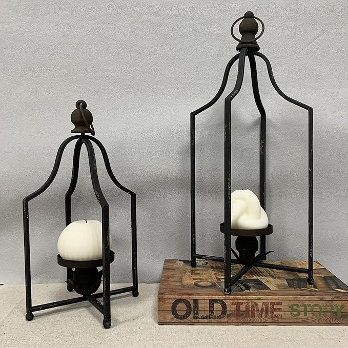 Large Tall Shabby Chic Lanterns Decorative Indoor Outdoor, Outside Gifts Front Porch Patio Vintage Metal Candle Holders, Fireplace Table Floor Farmhouse Rustic Decor Set of 2-Ruum Studio Home