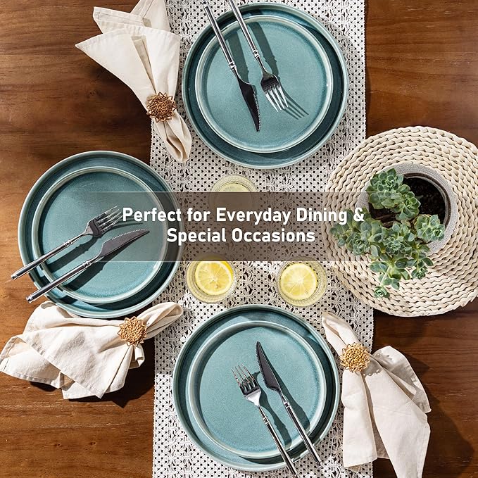 GBHOME Ceramic Dinnerware Sets for 4, 12 Pieces Stoneware Plates and Bowls Sets, Scratch Resistant Dishes, Dishwasher & Microwave Safe, Reactive Glaze-Malachite Green-Ruum Studio Home