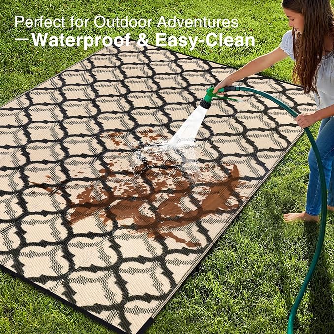 OLANLY Reversible Outdoor Rug 6x9 ft Clearance, Waterproof Outdoor Plastic Straw Rug with Interlacing Pattern, RV Mat for Patio, Camping, Balcony, Deck, Backyard, Black & Beige-Ruum Studio Home