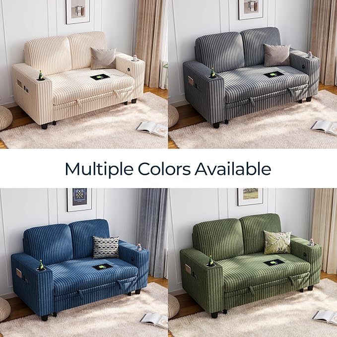 LINSY HOME Loveseat Sofa with Storage - Comfy Plush Corduroy 2 Seater Sofa with USB Charging & Cup Holders, Deep Seat Love Seat for Small Spaces Living Room Bedroom Apartment, Green-Ruum Studio Home