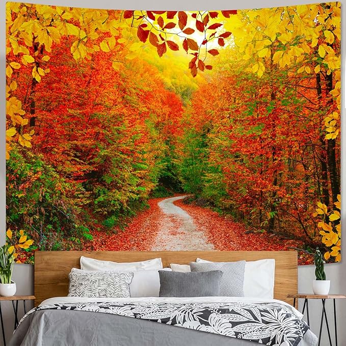 AMM Autumn Forest Tapestry Nature Fall Tree Thanksgiving Tapestry for Bedroom Aesthetic Autumn Path Yellow Red Fallen Leaves Landscape Tapestries Wall Hanging for Living Room Dorm 80 x 60 Inch-Ruum Studio Home