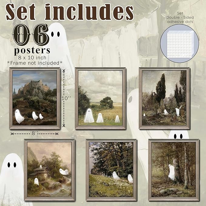LANCHI95 6 Pcs 8x10in Halloween Wall Art Prints, Vintage Posters, Cute Ghost Pictures for Bedroom Decor (UNFRAMED)-Ruum Studio Home