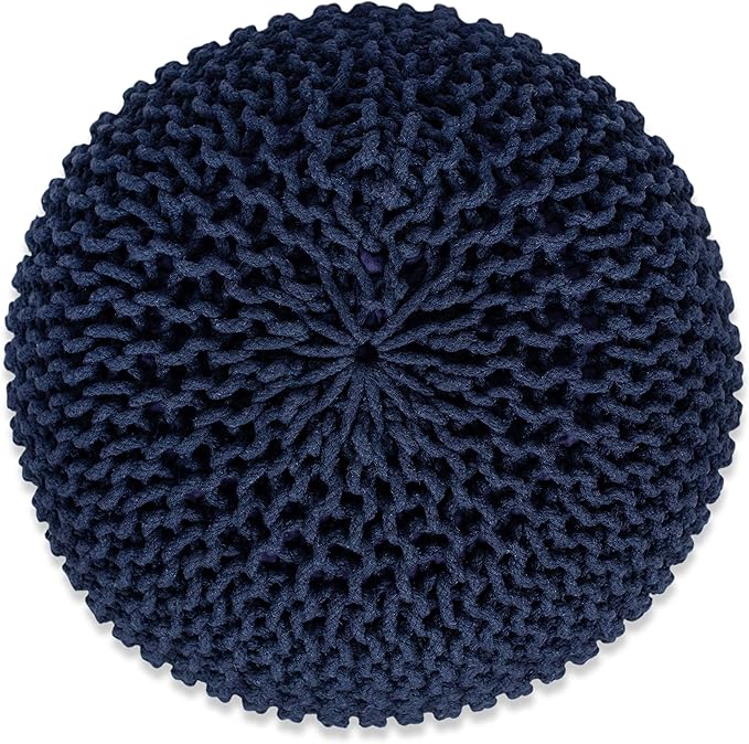 BIRDROCK HOME Round Pouf Ottoman | Cotton Braided Foot Stool with Bean Bag Filling | Boho Foot Rest for Living Room & Bedroom | Compact & Comfortable Seating, Lightweight & Soft | Navy-Ruum Studio Home