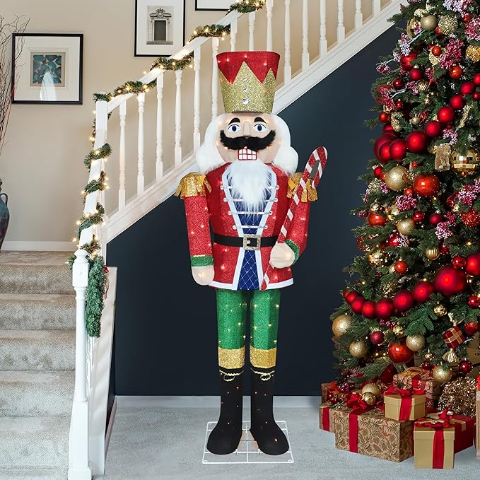5FT Lighted Nutcracker with Candy Cane for Christmas Decoration, 3D Pre-Lit Iridescent Soldier Xmas Decor with 100 Warm White Lights, Glittered Standing Holiday Display for Outdoor, Indoor-Ruum Studio Home