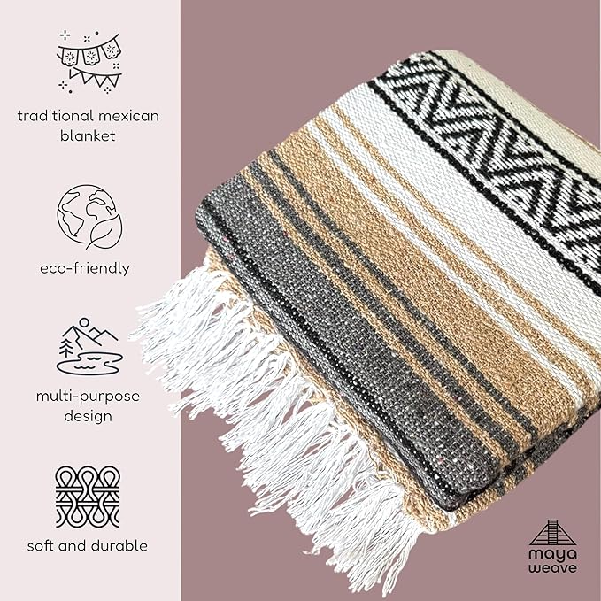 Traditional Handwoven Mexican Blanket, Large Falsa Serape - Soft & Durable - Vibrant Beach, Picnic, Yoga & Camping Mat - Lightweight Boho Throw 70"x50" (Haze)-Ruum Studio Home