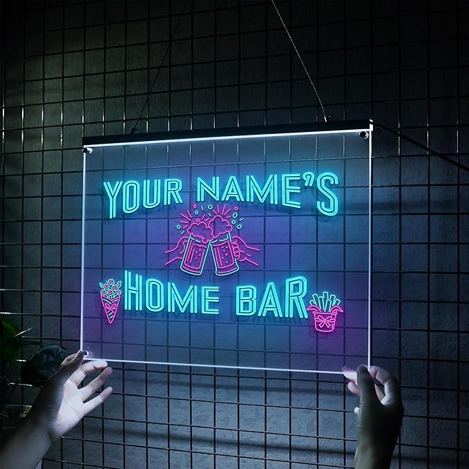 Personalized Home Bar Neon Sign LED Light Up Bar Wall Decor with Beer Mugs and Snacks Icons for Home Pub Kitchen Lounge Man Cave Party Room Custom Name Gift-Ruum Studio Home