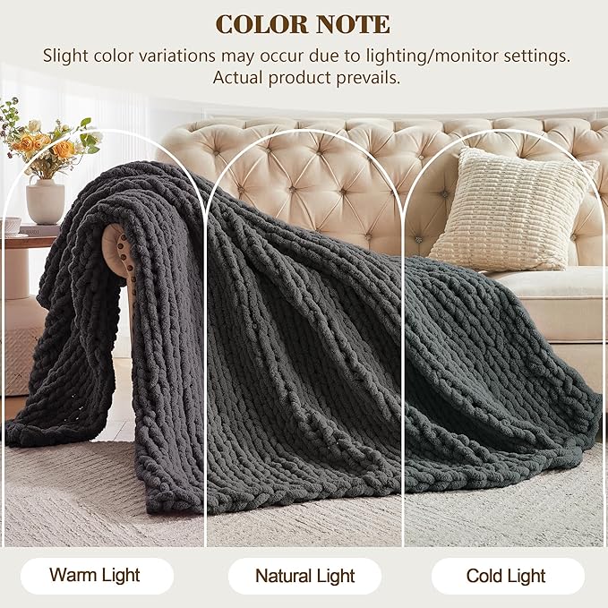 Carriediosa Chunky Knit Throw Blanket 50" X 60", 100% Hand Made Large Chenille Loop Yarn Soft Fluffy Throws for Couch Sofa Bed, Big Crochet Cozy Heavy Thick Cable Woven Blankets, Dark Grey-Ruum Studio Home
