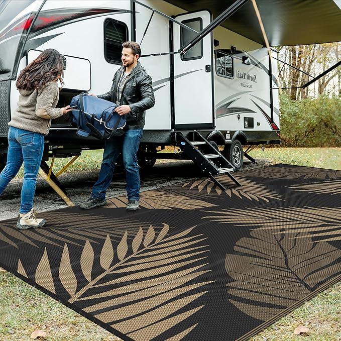 GENIMO Outdoor Rug 10' x 20' Waterproof for Patios Clearance, Reversible Outdoor Plastic Straw Camping Rug Carpet, Large Area Rugs Mats for RV, Camper, Deck, Balcony, Porch, Beach, Picnic, Black&Brown-Ruum Studio Home