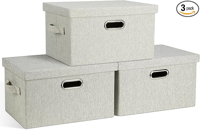 Medium 15" 21 Quart Collapsible Stackable Storage Bins with Lids, 3 Packs Beige Foldable Fabric Closet Boxes Heavy-duty Linen Cube Baskets Container for Bedroom Office (15 x 11 x 8)-Ruum Studio Home