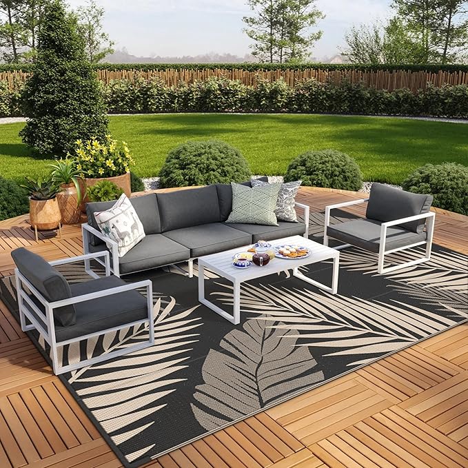 GENIMO Outdoor Rug 10' x 14' Waterproof for Patios Clearance, Reversible Outdoor Plastic Straw Camping Rug Carpet, Large Area Rugs Mats for RV, Camper, Deck, Balcony, Porch, Beach, Picnic, Black&Beige-Ruum Studio Home