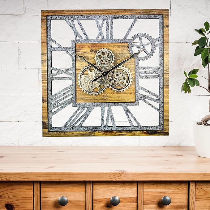 The Gears Clock 24'' Inch Square Real Moving Gear Wall Clock Vintage Industrial Oversized Rustic Farmhouse (Wood and Stone)-Ruum Studio Home