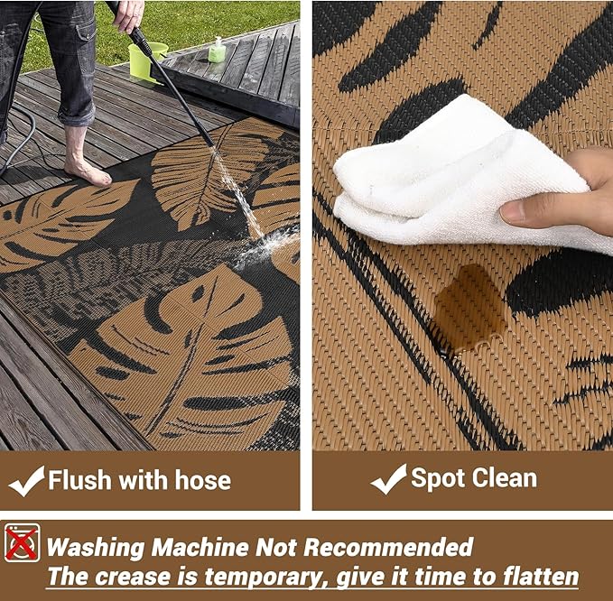 GAOMON Outdoor Rug Waterproof 9x12 Outdoor Plastic Straw Rug for Patio, Reversible Modern Camping Mat with Bag & Stakes, UV Resistant & Easy to Clean Carpet for RV, Deck, Balcony, Porch, Brown-Ruum Studio Home