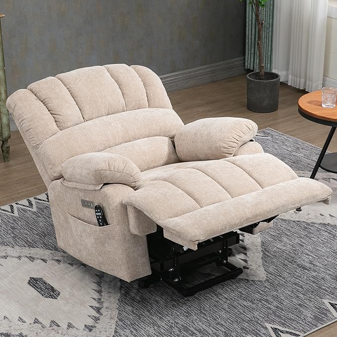 Large Power Lift Recliner Chair with Massage and Heat for Elderly, Ergonomic Backrest, Infinite Adjust, 2 Side Pockets,USB and Type-C Ports, Chenille Beige-Ruum Studio Home