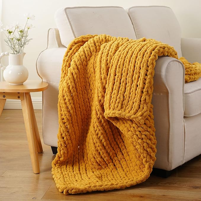 Battilo Chunky Knit Throw Blanket, Soft and Thick Chenille Throw Blanket, 50"x60" Handmade Cable Knit Crochet Blanket, Large Rope Knot Throw Blankets for Couch Sofa Bed Home Decor, Mustard-Ruum Studio Home