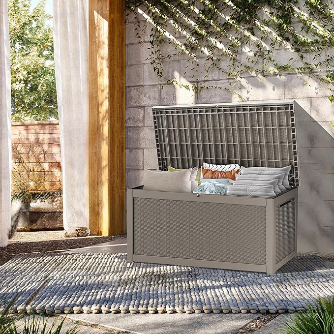 320 Gallon Lockable Resin Deck Box, Waterproof & UV-Resistant Outdoor Storage Box for Outdoor Cushion Storage, Garden Tools & Pool Accessories Storage, Gray-Ruum Studio Home