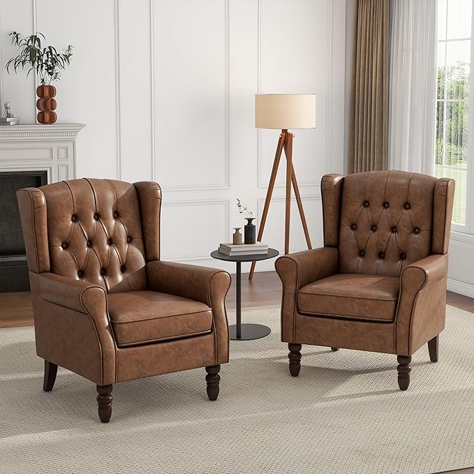 UIXE Faux Leather Accent Chairs Set of 2, High Back Upholstered Armchair for Living Room, Wingback Tufted Arm Chair Comfy Single Sofa Bedroom Reading Seat with Solid Wood Legs - Brown-Ruum Studio Home