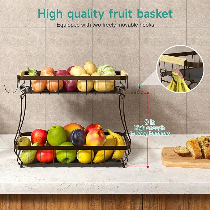 3 Tier Fruit Basket for Kitchen Counter with 2 Mobile Banana Hangers, 2025 Pro Detachable Metal Fruit Bowl with Wooden Handle, Fruit Holder for Bread Snack Veggies, Brown-Ruum Studio Home