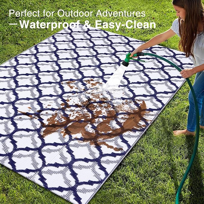 OLANLY Reversible Outdoor Rug 6x9 ft Clearance, Waterproof Outdoor Plastic Straw Rug with Interlacing Pattern, RV Mat for Patio, Camping, Balcony, Deck, Backyard, Navy & White-Ruum Studio Home