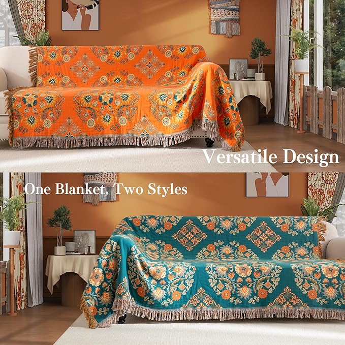 Boho Throw Blanket Full Size, Extra Large Soft Cozy Cotton Muslin Quilt Blanket for Bed Decor, Floral Patterned Couch Sofa Chair Cover, Vintage Farmhouse Cottage Woven Blanket, Orange&Green-Ruum Studio Home