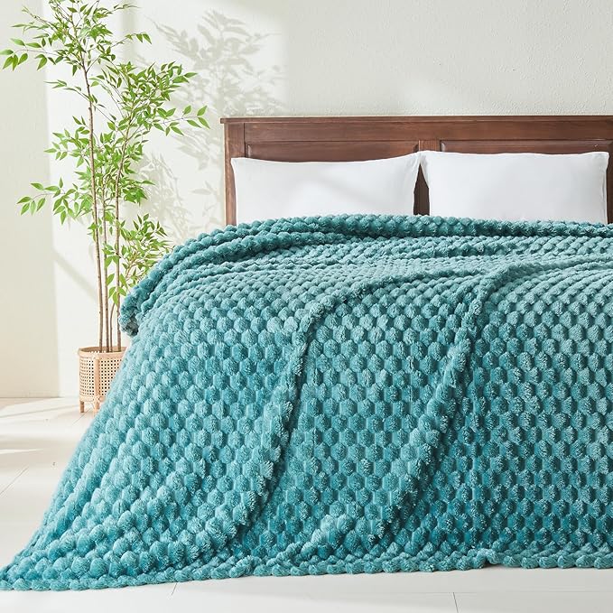 NEWCOSPLAY Super Soft King Blanket Light Teal Premium Silky Flannel Fleece 3D Clouds Stylish Jacquard Lightweight Bed Blanket All Season Use 350GSM (Light Teal, King(90"x110"))-Ruum Studio Home