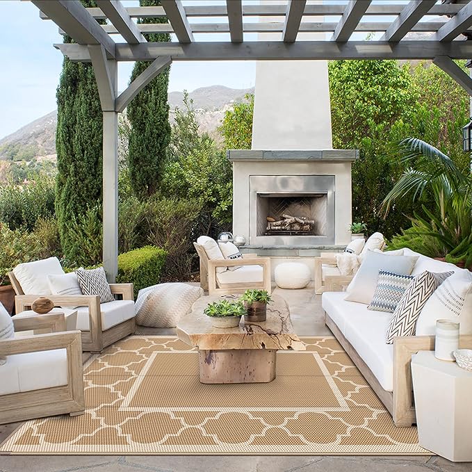 GENIMO 5' x 8' Outdoor Rug Waterproof for Patio Decor, Foldable Reversible Plastic Straw Area Rugs Mat for Camper, Outside Carpet for Rv, Deck, Porch, Picnic, Beach, Balcony, Brown & Beige-Ruum Studio Home