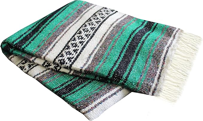 Del Mex Classic Mexican Blanket, Large Authentic Woven Falsa Throw (70"x50"), Artisan Southwest Décor for Beach, Yoga, Outdoors (Teal)-Ruum Studio Home