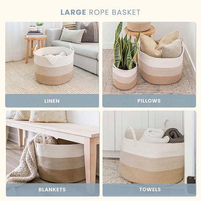OrganiHaus Extra Large Blanket Basket for Living Room 20x13, Natural Cotton Rope Laundry Basket, Sturdy Hamper for Toy Storage, Cushions & Pillows Storage Bin, Nursery Decor Hamper - Honey-Ruum Studio Home