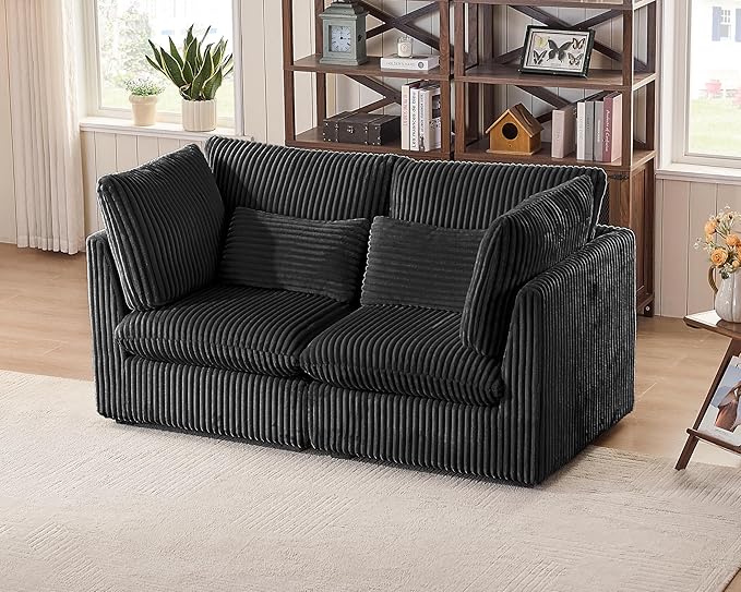 Oversized Modular Sofa, Extra Deep Cloud Corduroy Sectional Couch with Ottoman Chaise, Fluffy Corduroy 2 Seater Sofa Bed for Living Room, Villa (Loveseat Sofa, Corduroy Black)-Ruum Studio Home