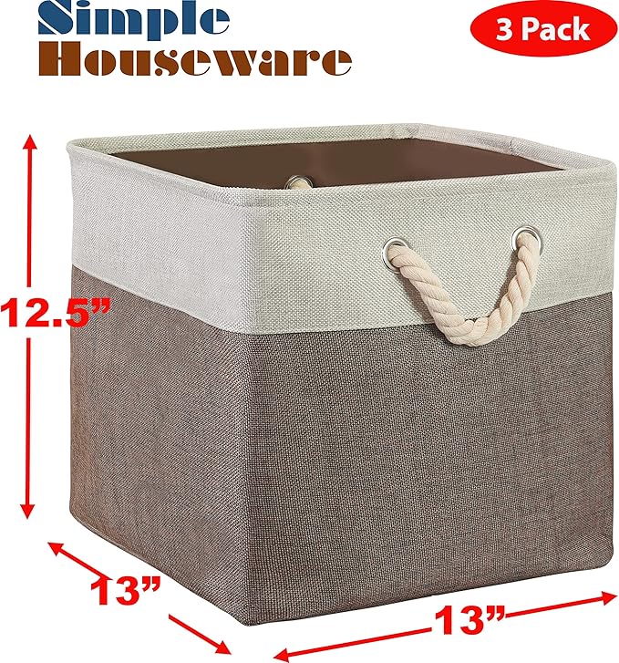 SIMPLE HOUSEWARE Fabric Storage Cubes, 13" x 13" Storage Bin, 3 Pack, Brown-Ruum Studio Home