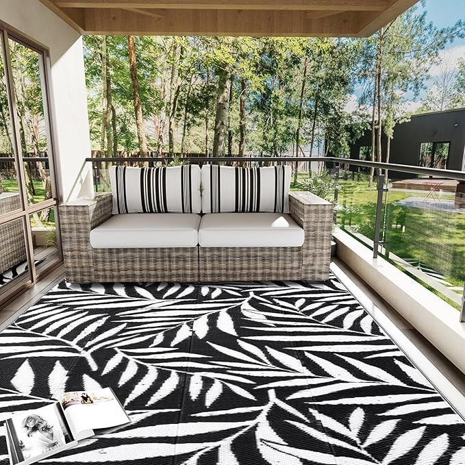 OLANLY Waterproof Outdoor Rug 9x12 ft, Reversible Outdoor Plastic Straw Rug with Leaf Pattern, RV Mat, Indoor Outdoor Carpet for Patio, Camping, Balcony, Deck, Backyard, Black & White-Ruum Studio Home