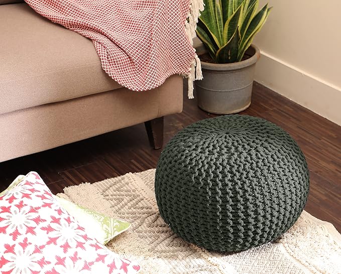 REDEARTH Round Hand Knitted Pouf - Foot Stool Bean Bag Ottoman - Cord Boho Pouffe - Poof Accent Beanbag Footrest for Living Room - Bedroom - Patio - Lounge (19.5"x19.5"x14") - Olive-Ruum Studio Home