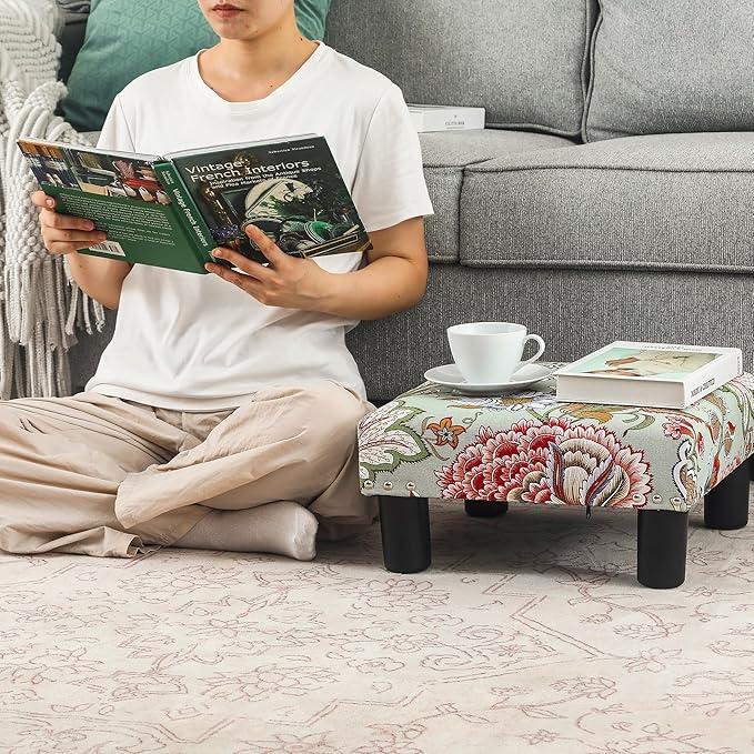 Joveco Small Foot Rest Stool Ottoman, 15" Fabric Square Footstool Upholstered Footrest for Chair, Under Desk, Office, Living Room, Boho Floral-Ruum Studio Home