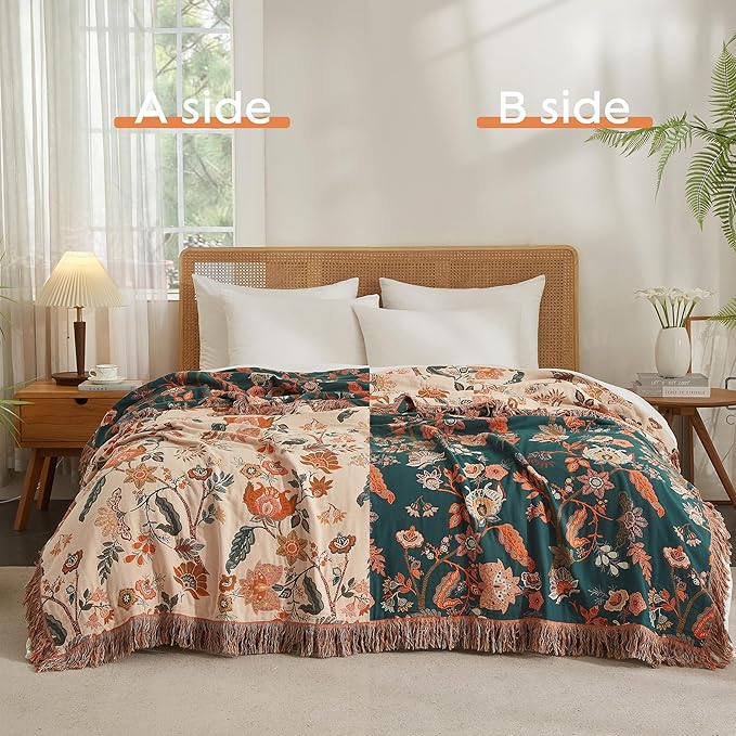 Boho Throw Blanket for Bed 80”x90”, 100% Cotton Woven Blanket for Couch Sofa, Ultra Soft 4-Layer Muslin Quilt with Floral Printed, Farmhouse Bed Blanket/Cover for Living Room Decor-Ruum Studio Home