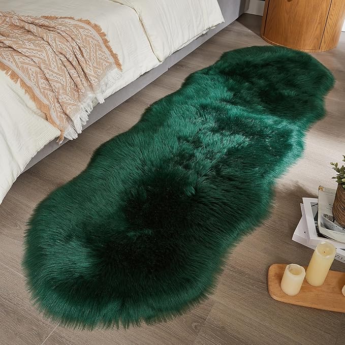 AMTOVO Faux Sheepskin Rug, Dark Green Ultra Soft Fluffy Shag Area Rug, 2 x 6 ft Faux Fur Rug for Bedroom Sofa Throw Cushion Room Decor, Sheepskin-Ruum Studio Home